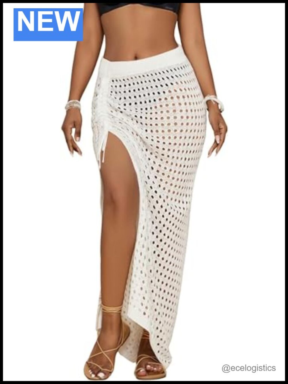 Crochet Knit Drawstring Long Beach Wrap Skirt Cover Up Swimwear